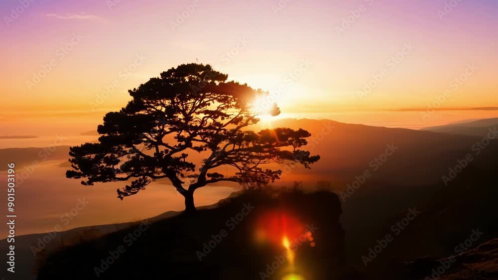 A lone tree standing on the edge of the cliff basking in the warm light of the sunset. A lone tree standing on the edge of the cliff basking in the warm light of the sunset.