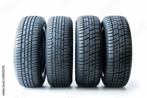 Four new modern low profile car tires with directional rotation on an isolated white background. © Антон Сальников