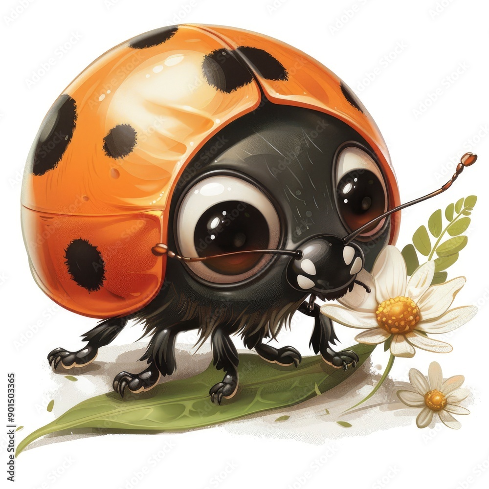 Naklejka premium Cute Cartoon Ladybug with Big Eyes on a Leaf
