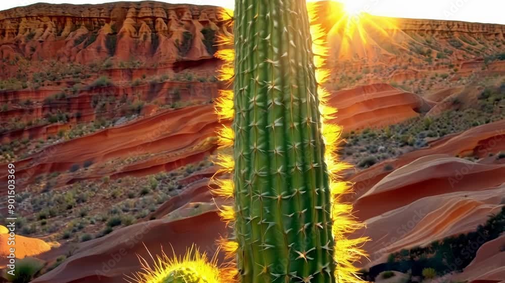 A closeup of a cactus growing amidst a of colorful sedimentary rocks the sun warming its spiny branches.