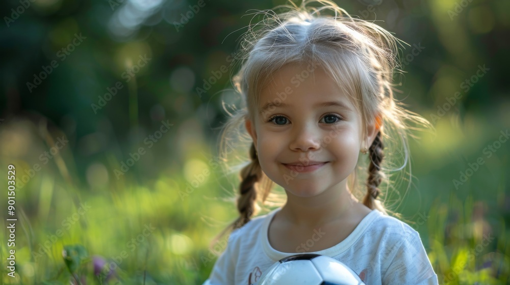 Smiling girl in nature with soccer ball Smiling girl in nature with soccer ball