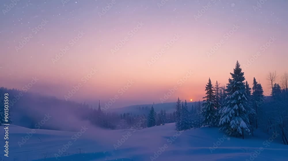 The soft muted colors of dusk casting a dreamlike haze over the snowcovered landscape. The soft muted colors of dusk casting a dreamlike haze over the snowcovered landscape.