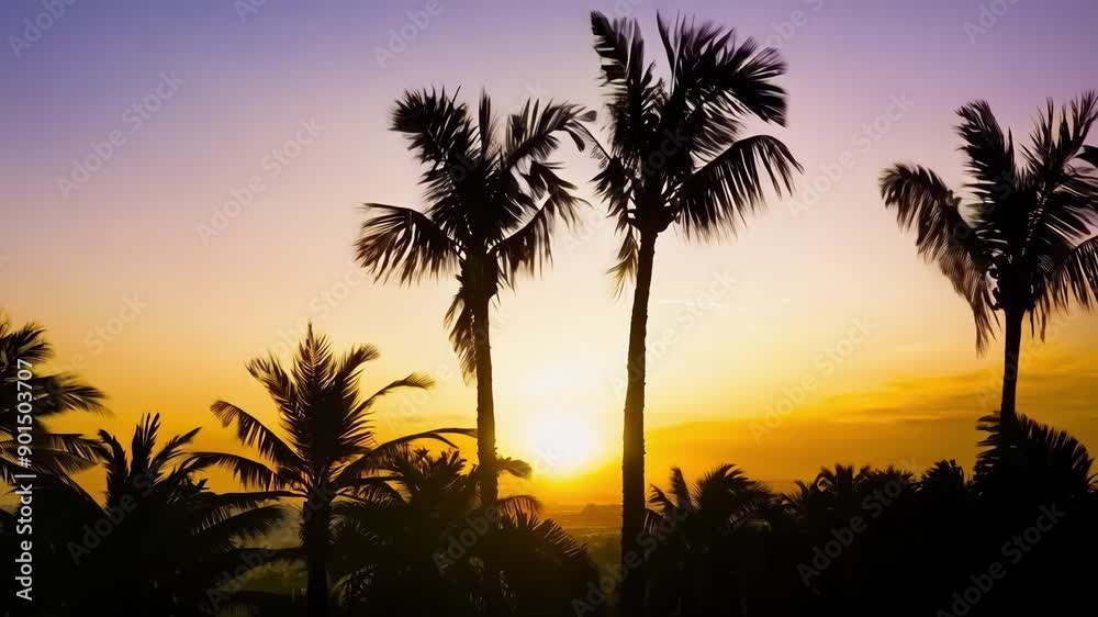 Palm trees sway in the gentle breeze silhouetted against the vibrant sky as the sun sets over the tropical oasis. Palm trees sway in the gentle breeze silhouetted against the vibrant sky as the sun sets over the tropical oasis.