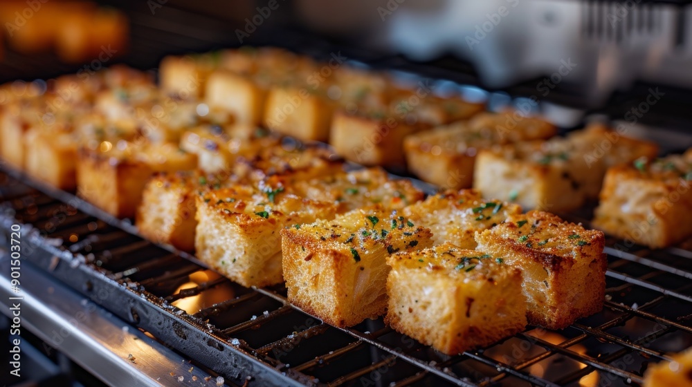 cooking bread items, just-baked garlic crouton sticks are cooling on a wire rack, scenting the kitchen with a delightful garlicky aroma