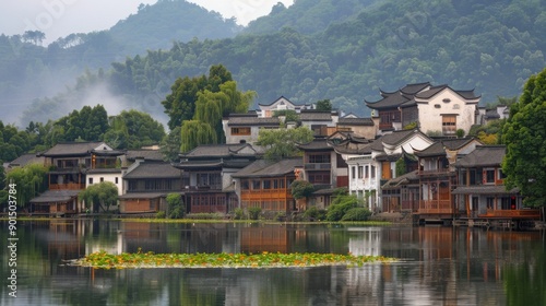Tranquil Water Townscape in Misty Mountains