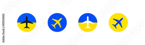 Plane icon in Ukrainian flag colors. Airplane sign vector illustration. Travel symbols badges set. Opening of flights from Ukraine illustration. Blue and yellow colors. Different shapes. Flat style