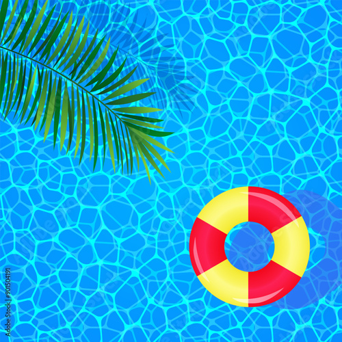 Summer vector illustration. Swimming pool top view with swim ring, water texture and tropical palms leaves. travel and vacation card for aqua centers and wallpapers, party and childish fun designs