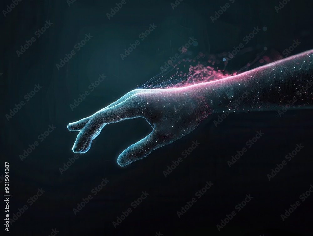 Fingers emitting holographic light patterns, creative digital art, future of interactive design Fingers emitting holographic light patterns, creative digital art, future of interactive design