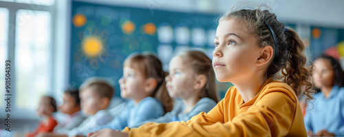 Children sitting in a row in the classroom and studying. Concept back to school.