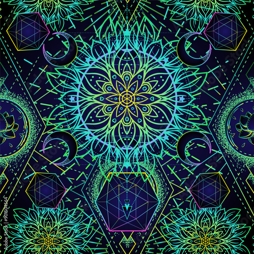 Sacred Geometry seamless pattern. Hindu symbols of wisdom and path to perfection. Tattoo, yoga background, Buddhism design, print, poster, t-shirt, textile. Repeating vector illustration.