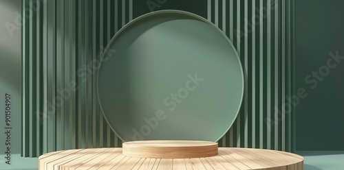 3d rendering of an abstract minimal scene with wooden podium and backdrop on a green backdrop. Presentation stage, mock up stage, cosmetic display, podium, stage pedestal.