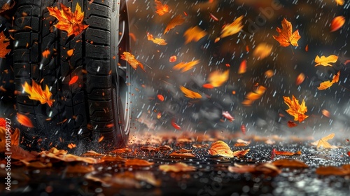 Spritzing water and falling leaves on a car tire