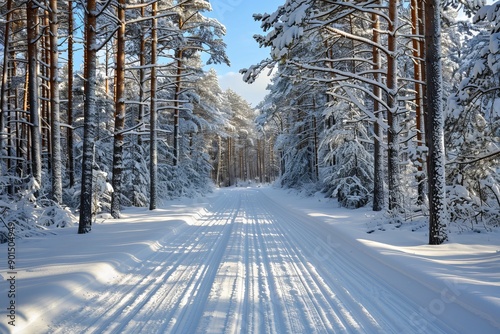 This is a snow-covered road in the winter coniferous forest. It is a winter landscape, extreme driving, four-wheel drive.