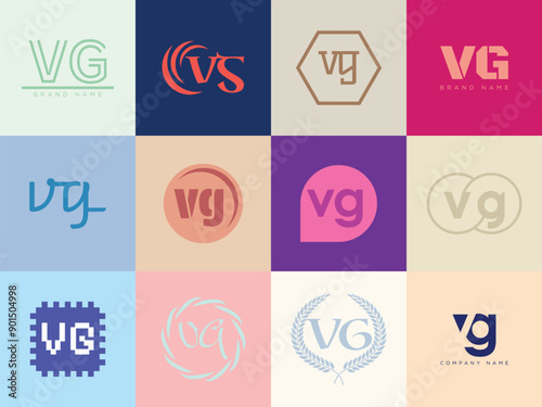 VG logo company template. Letter v and g logotype. Set different classic serif lettering and modern bold text with design elements. Initial font typography.