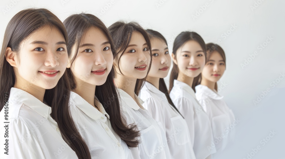 Six young women in white shirts smiling in a row Six young women in white shirts smiling in a row
