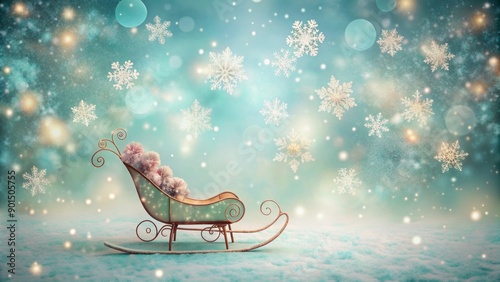 Whimsical winter scene featuring a vintage sleigh ride with delicate pastel-colored snowflakes gently falling on a soft pastel blue background with subtle gradient effect.