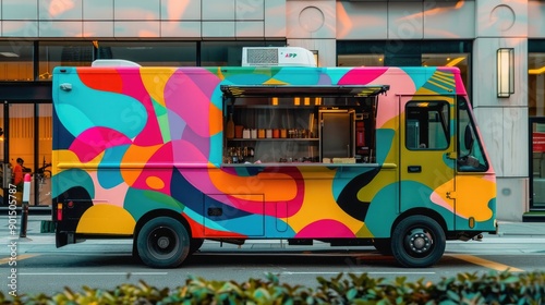 A food truck mockup showcasing a vibrant, generative AI design on its exterior. The abstract patterns and bright colors make the truck stand out, ideal for a trendy and modern brand.