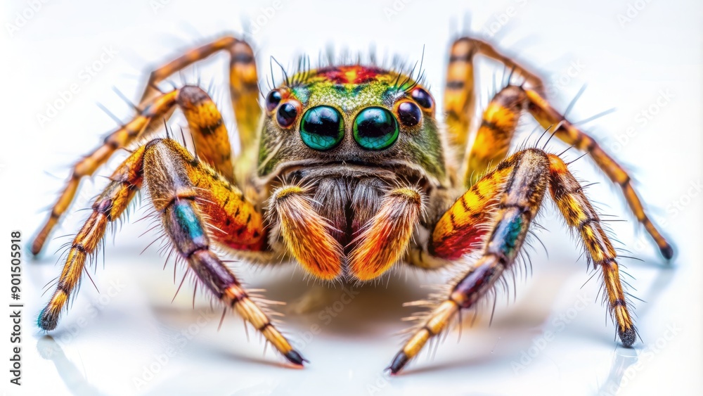 Macro close-up of a solitary spider with intricate details and vibrant colors, posing centered on a pure white isolated background, showcasing its delicate legs and body. Macro close-up of a solitary spider with intricate details and vibrant colors, posing centered on a pure white isolated background, showcasing its delicate legs and body.