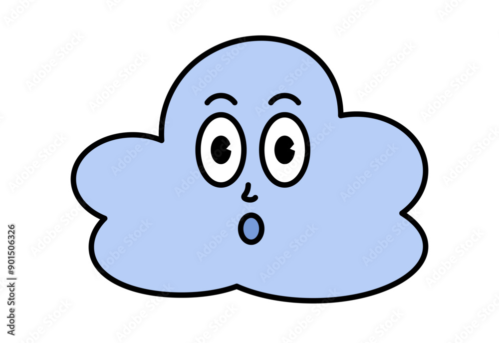 Blue cloud character with cartoon funny face. Groovy sticker with Sky symbols. Weather icon. Emoji expression. Retro Vector illustration on white background Blue cloud character with cartoon funny face. Groovy sticker with Sky symbols. Weather icon. Emoji expression. Retro Vector illustration on white background