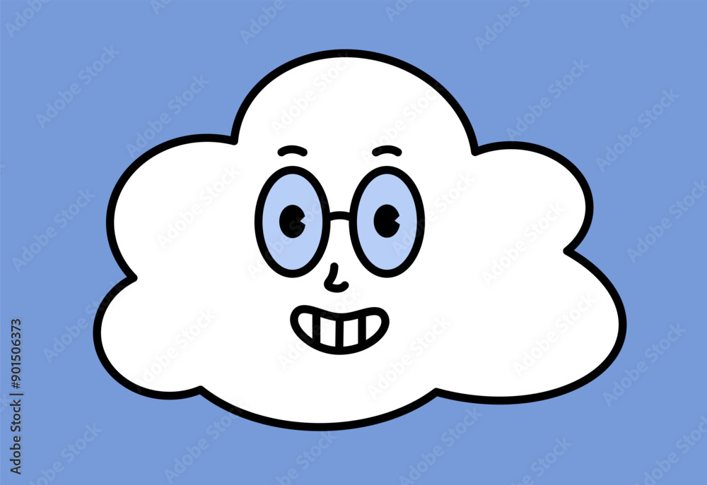 White cloud character with cartoon funny faces. Groovy sticker with Sky symbols. Weather icon. Emoji expression. Retro Vector illustration on blue background White cloud character with cartoon funny faces. Groovy sticker with Sky symbols. Weather icon. Emoji expression. Retro Vector illustration on blue background