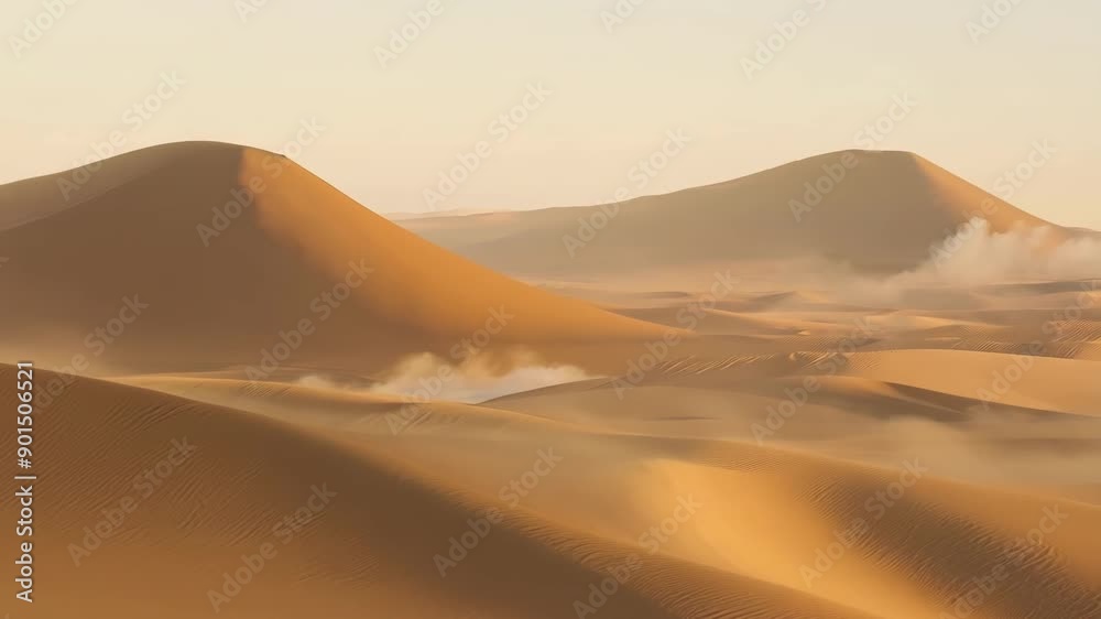 Slow panning shots of towering sand dunes slowly disappearing as they are consumed by an approaching desert sandstorm.
