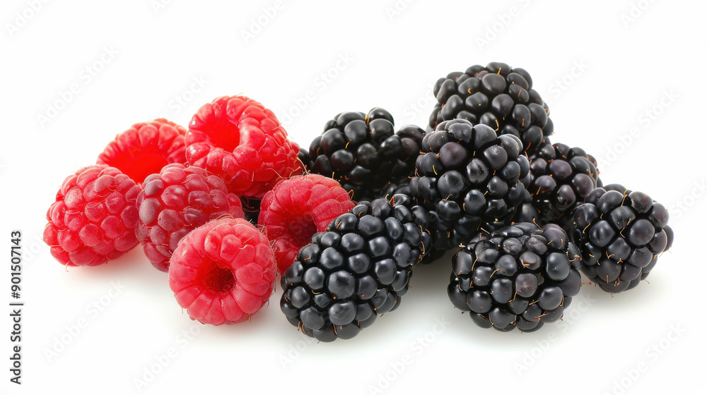 Fresh raspberries and blackberries isolated on white background Fresh raspberries and blackberries isolated on white background
