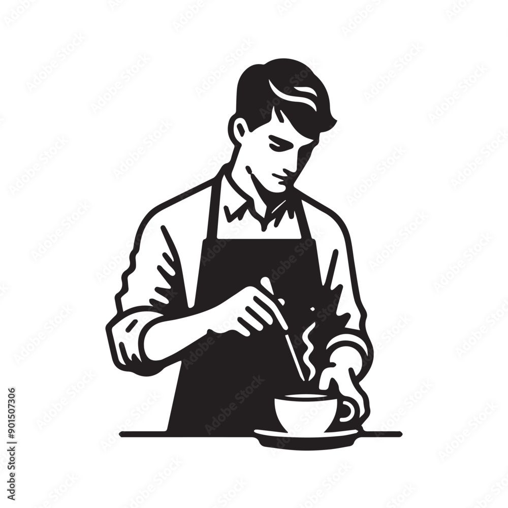 black-and-white vector illustration of a barista wearing an apron, preparing
a coffee drink black-and-white vector illustration of a barista wearing an apron, preparing
a coffee drink