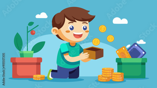 A boy Collecting coins stamps vector illustration