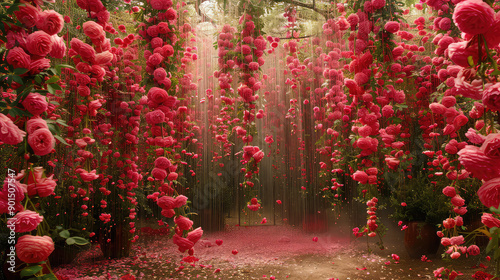 Fototapeta Naklejka Na Ścianę i Meble -  Elegant colorful with vibrant flower hanging branches illustration background. Bright color 3d abstraction wallpaper for interior mural, Generated by AI	