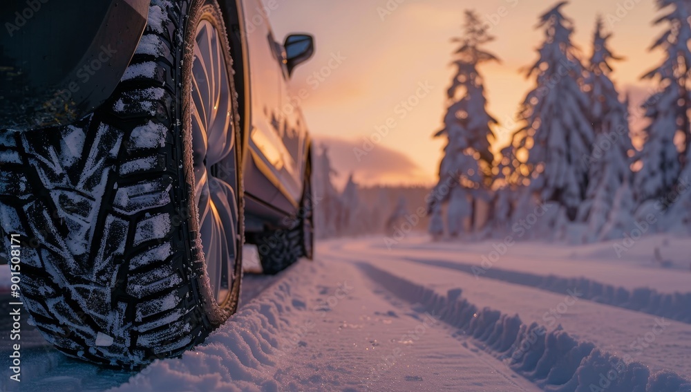Winter tire closeup on snow-covered road in winter. Winter tire closeup on snow-covered road in winter.