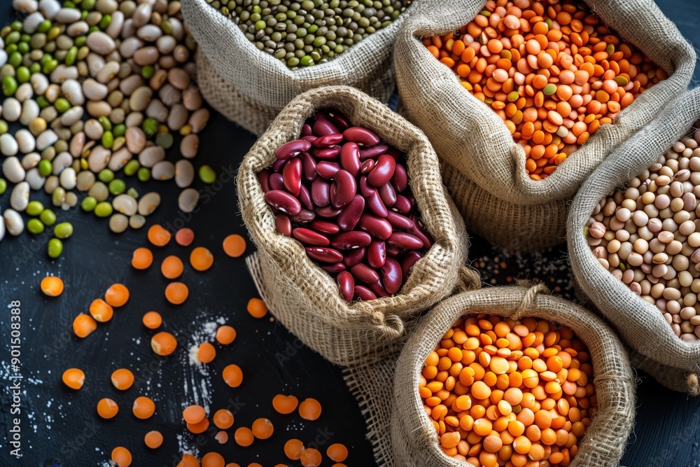 Fototapeta premium Different type of raw dry legumes composition. Mix organic legume concept