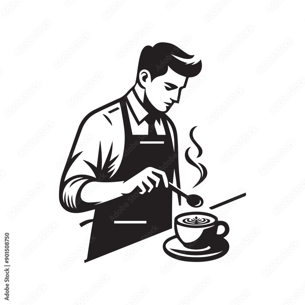 black-and-white vector illustration of a barista wearing an apron, preparing
a coffee drink black-and-white vector illustration of a barista wearing an apron, preparing
a coffee drink