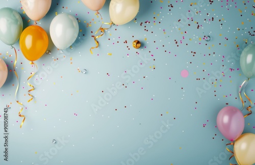 Colorful Balloons and Confetti on Blue Background