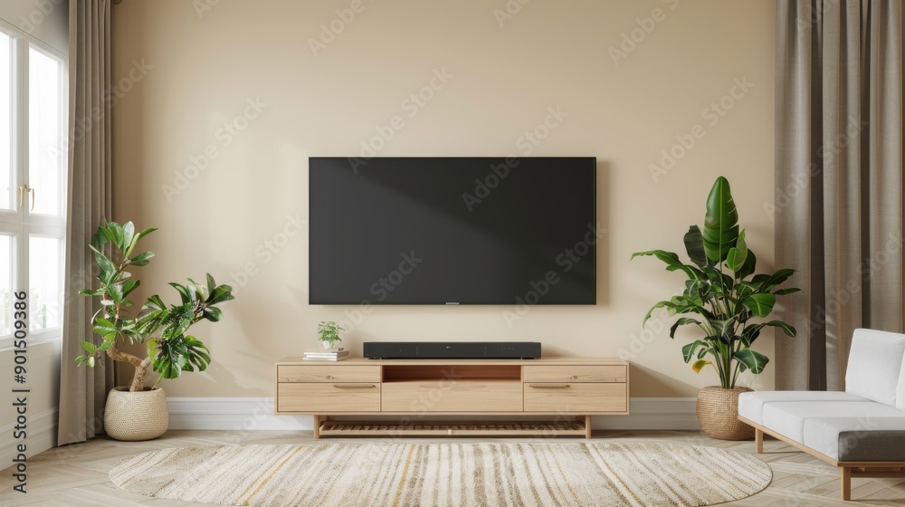Empty living room mockup a TV wall mounted with sofa in living room with cream color wall- 3D rendering Empty living room mockup a TV wall mounted with sofa in living room with cream color wall- 3D rendering