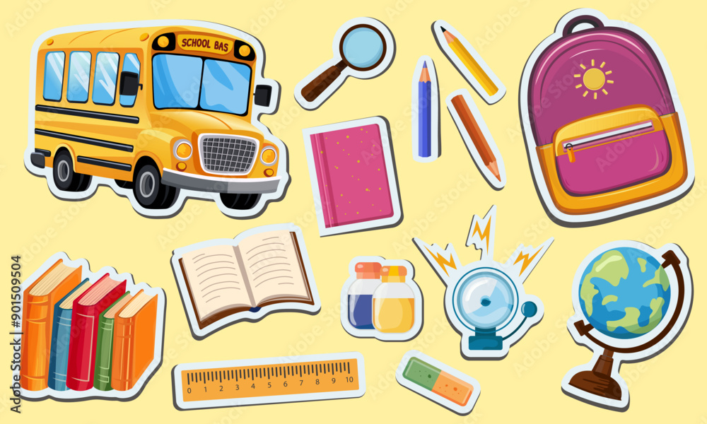 Back to school. Vector set of school supplies stickers. Cute school icons backpack, bus, globe, books, pencils, ruler, magnifying glass, bell. Back to school. Vector set of school supplies stickers. Cute school icons backpack, bus, globe, books, pencils, ruler, magnifying glass, bell.
