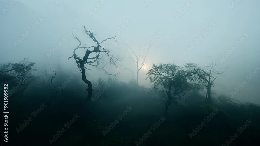 A thick blanket of fog hovers over the swamp adding an eerie and mysterious atmosphere to the already dense rainforest.