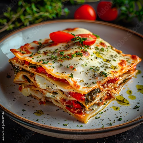 Delicious layered lasagna topped with fresh herbs and cherry tomatoes. photo