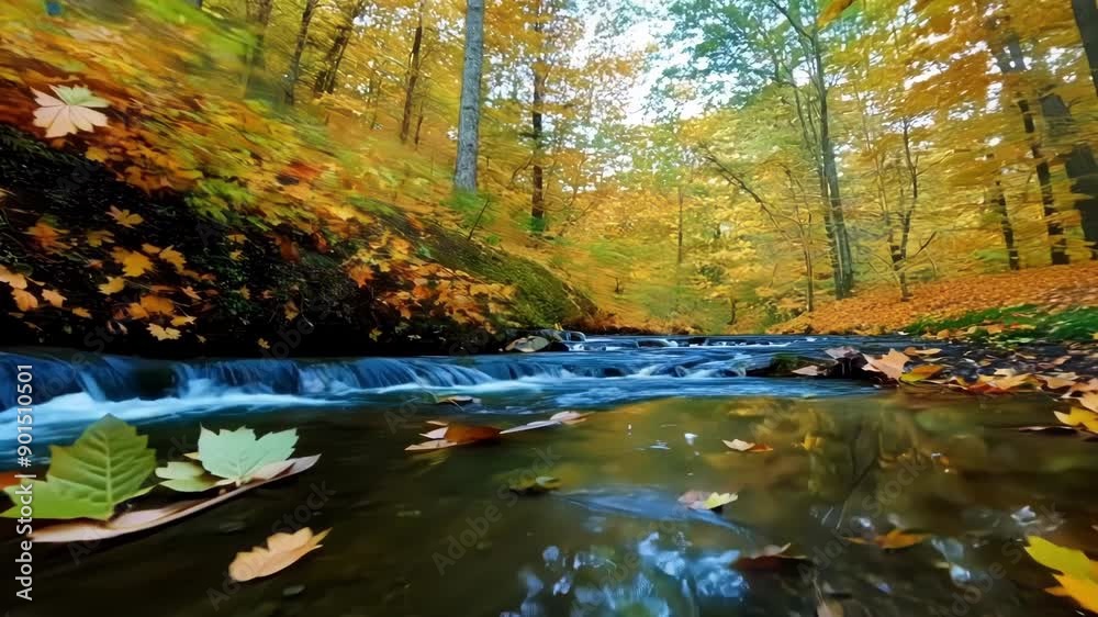 The rustling of fallen leaves underfoot accompanies the gentle sound of the stream creating a serene atmosphere in the autumn forest.