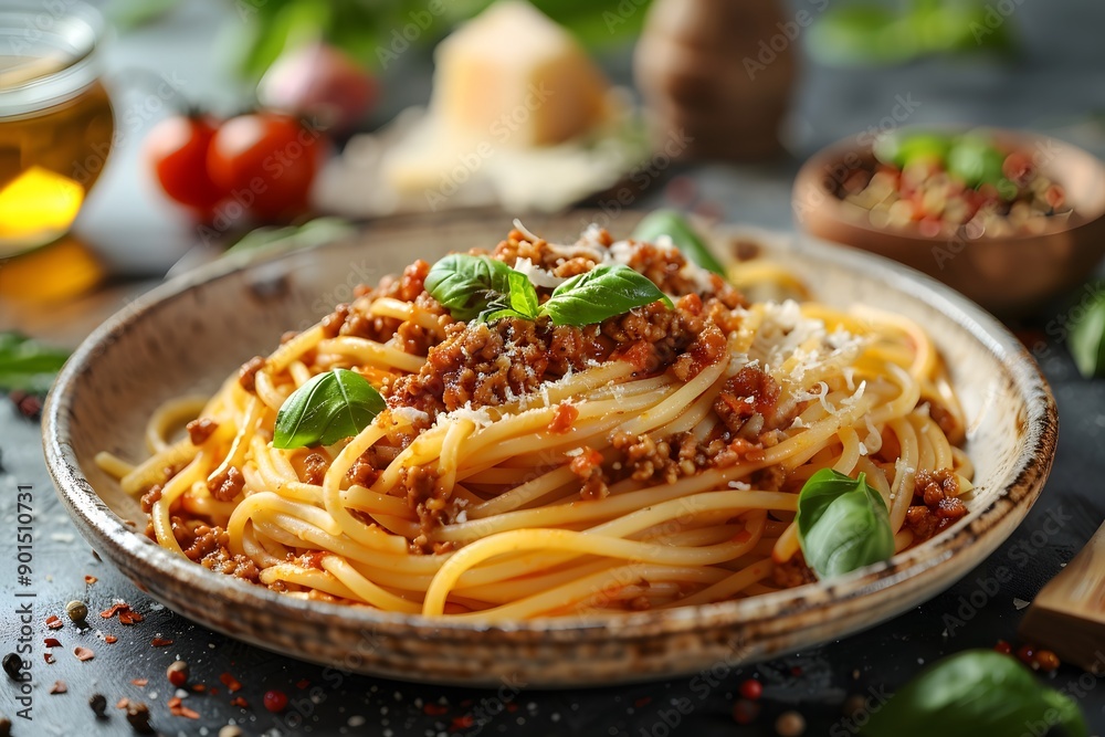 A delicious bowl of spaghetti with meat sauce and fresh basil, beautifully presented.