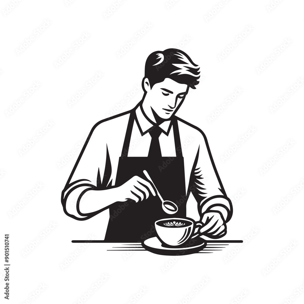 black-and-white vector illustration of a barista wearing an apron, preparing
a coffee drink black-and-white vector illustration of a barista wearing an apron, preparing
a coffee drink
