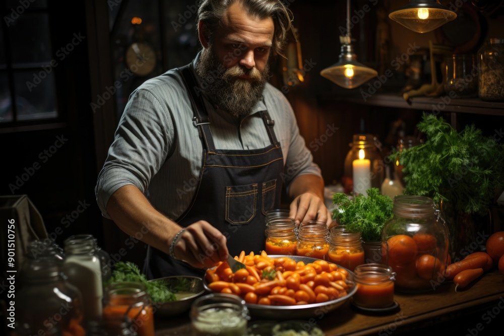Man puts carrots inside a metallic squeezer with empty glass to make a tasty jui, generative IA Man puts carrots inside a metallic squeezer with empty glass to make a tasty jui, generative IA