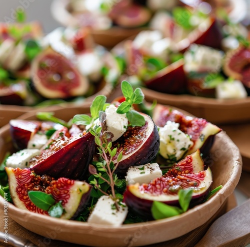 Fig and Feta Salad in Wooden Bowl