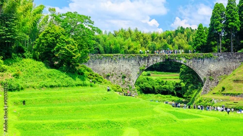 夏の通潤橋放水シーン　タイムラプス　熊本県上益城郡　Summer Tsujun Bridge water discharge scene. time lapse. Kumamoto Pref, Kamimashiki-gun.