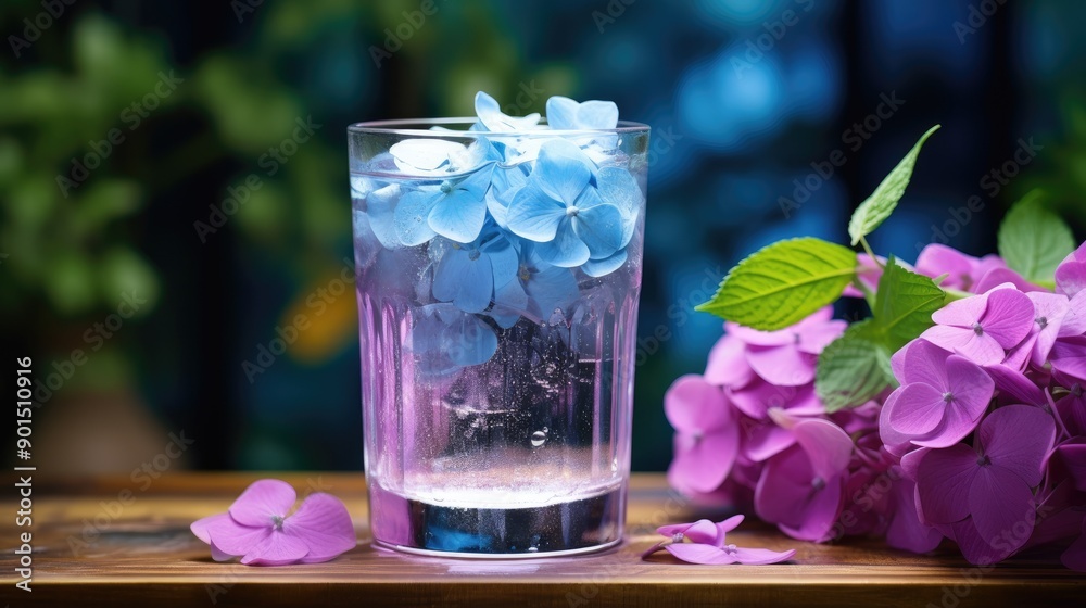 A glass of hydrangea juice A glass of hydrangea juice