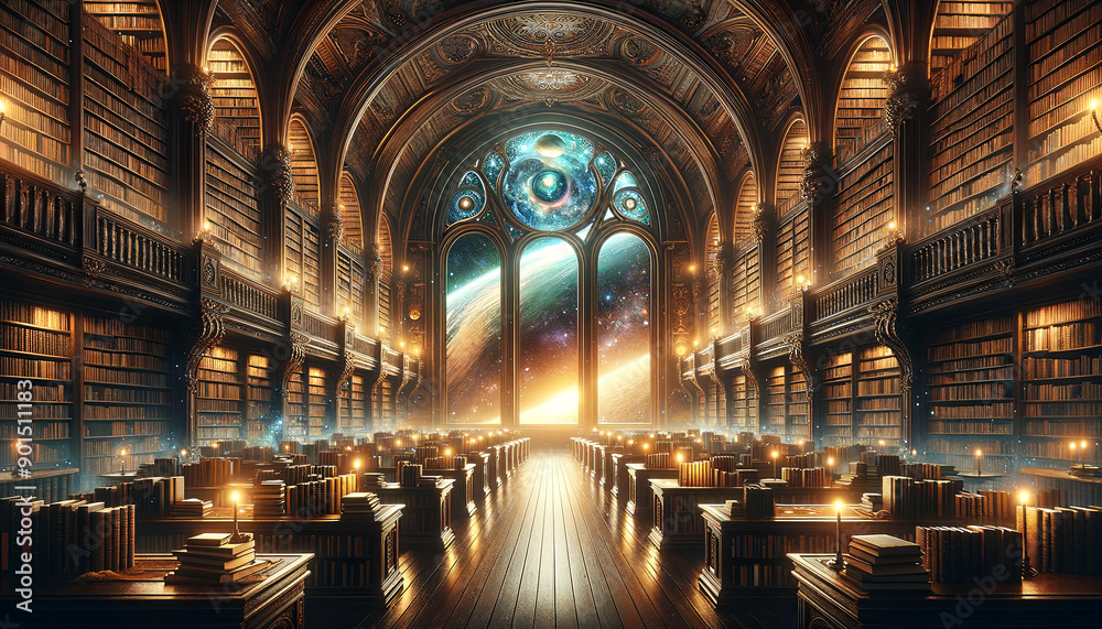 Obraz premium Step into a world where knowledge meets the cosmos in this magnificent library