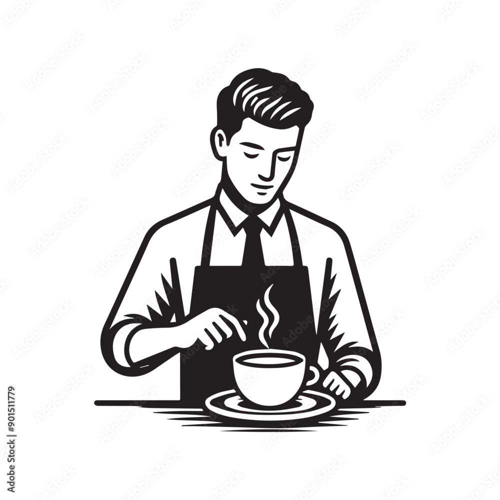 black-and-white vector illustration of a barista wearing an apron, preparing
a coffee drink black-and-white vector illustration of a barista wearing an apron, preparing
a coffee drink