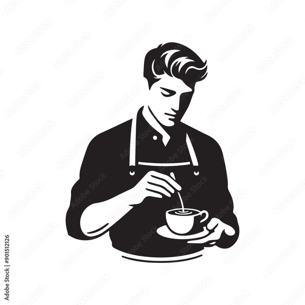black-and-white vector illustration of a barista wearing an apron, preparing
a coffee drink black-and-white vector illustration of a barista wearing an apron, preparing
a coffee drink