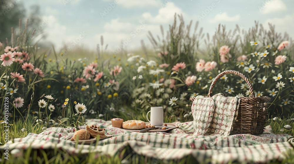 Fototapeta premium Cozy picnic setup with basket and food on checkered blanket in blooming meadow with flowers under clear sky. Perfect for a peaceful day outdoors.