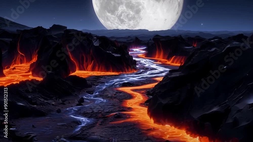 A river of lava ss through the moonlit rocks glimmering and pulsating with an otherworldly energy. photo