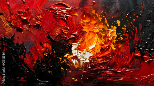 Intense reds and oranges clash on canvas in this passionate oil painting, capturing the raw emotion of anger through dynamic brushstrokes and vivid colors